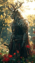 Fototapeta premium Illustration Majestic Lion Fantasy Warrior Antlers, Armor, Sword, Forest