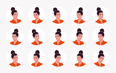 Beautiful modern businesswoman, brunette top knot female avatar portrait set, lady leader, manager bundle. Feelings, face emotion icons, player character mood, user pic circles. Vector illustration