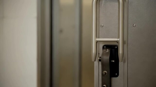 Close up view of a fire resistant door featuring a heavy duty frame and a safety handle, emphasizing its robust construction and secure locking mechanism