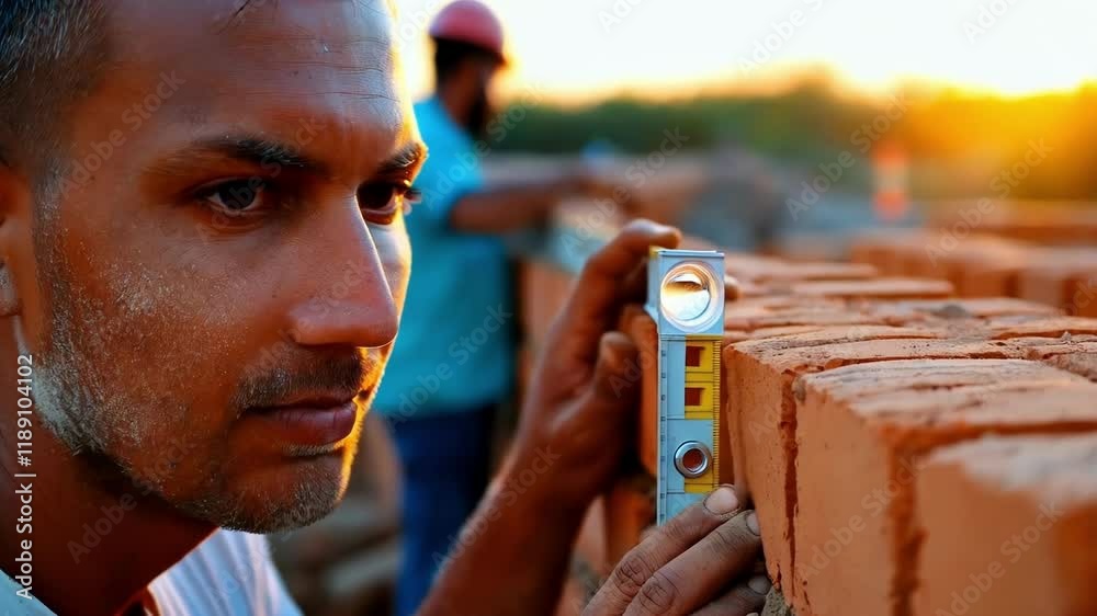 Fototapete focused construction worker meticulously checks the level of a newly built brick wall, ensuring prec