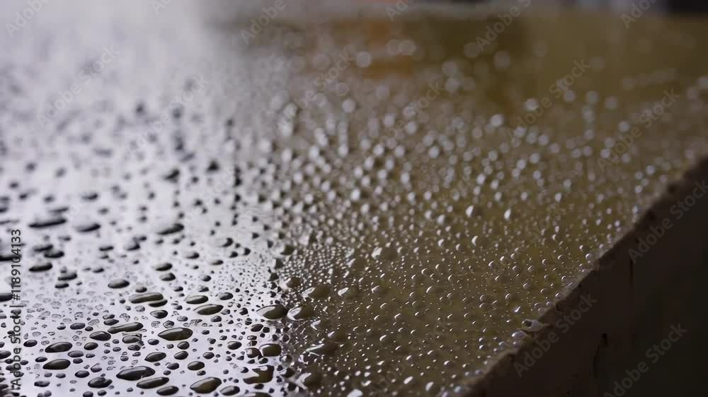 Poster Multiple views of glistening water droplets resting on the smooth surface of a concrete slab, reflecting light and creating a textured pattern