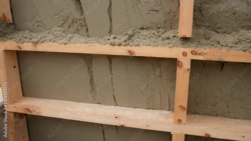 Poster wooden formwork detaching from concrete wall surface, exposing textured construction material with d