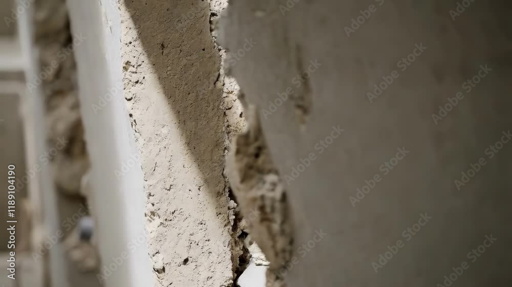 Aufkleber Sunlight illuminates a smooth, cured concrete wall where formwork has been partially removed, revealing the rough texture underneath and creating a contrast in surfaces