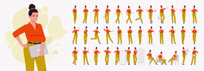 Beautiful modern businesswoman character set, busy office workday life poses bundle. Business lady, active attractive female day routine at workspace, corporate company lifestyle. Vector illustration