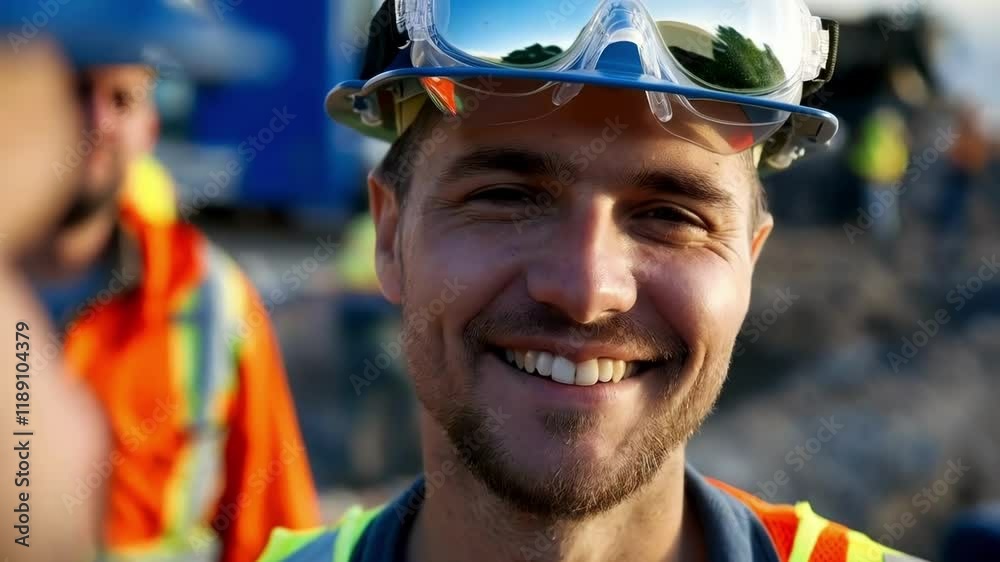 Poster construction worker wearing safety goggles and hardhat smiles with pride on a busy construction site