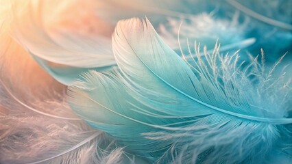 Obraz premium Beautiful green turquoise color trends feather texture background with orange light. Elegant and modern texture design showcasing soft green feathers with a vibrant orange glow. Abstract soft texture