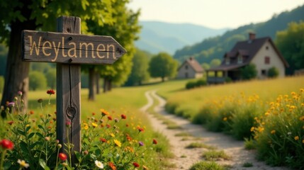 Obraz premium A Rustic Wooden Signpost Points Down a Winding Country Lane, Past Wildflowers and Homes in a Pastoral Setting