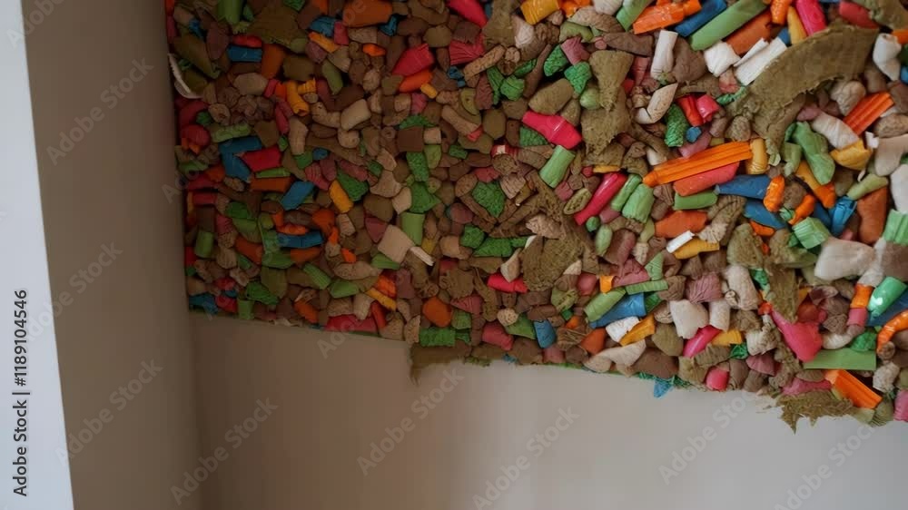Poster multicolored recycled insulation material, composed of various shapes and sizes, fills a wall cavity