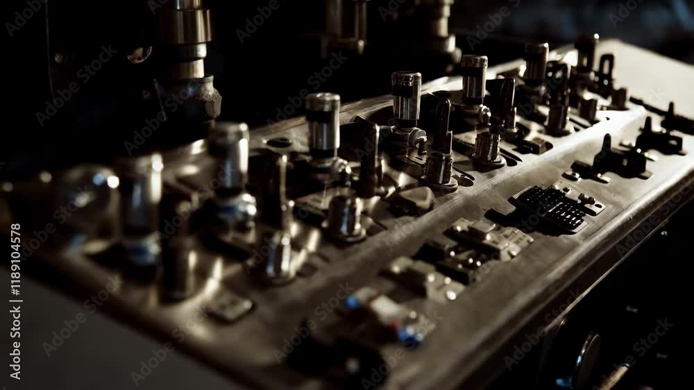 Aufkleber Multiple views of a complex control panel of an industrial drilling machine, highlighting various switches, knobs, and levers, suggest precision and complexity in operation