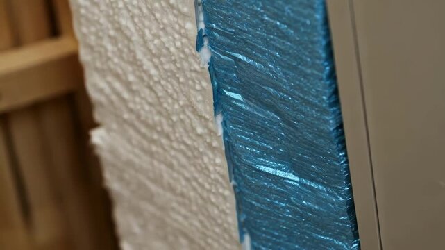 Vapor barrier meticulously applying across insulated wall section, highlighting precise installation techniques for effective moisture control and thermal protection in residential construction