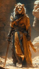Fototapeta premium Lion Warrior Illustration - Fantasy Art, Desert, Sword, Magic