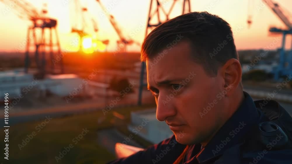Poster security guard vigilantly monitoring industrial landscape during sunset, maintaining professional fo