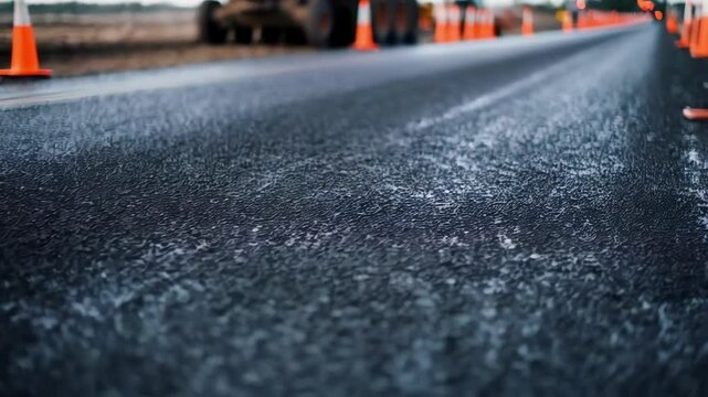 Freshly laid black asphalt road surface displaying smooth layers with bright orange traffic cones marking active construction zone and ongoing infrastructure development