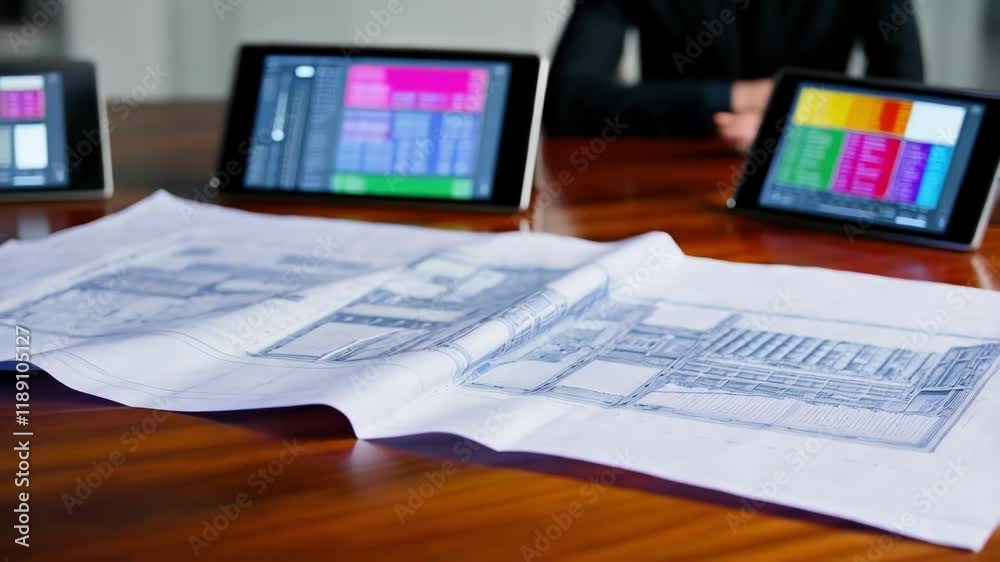 Aufkleber Professional architects analyzing blueprint, collaborating on design project using digital tablets in modern office workspace, discussing architectural details and development strategy