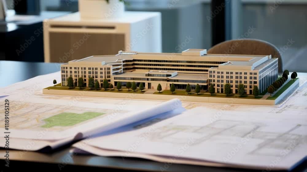 Poster architectural model of modern health facility resting on table with blueprints, revealing detailed p