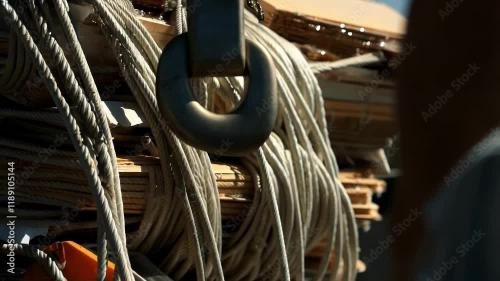 Poster construction crane carefully lifting bundled building materials, securely fastened with ropes and pr
