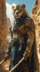Illustration of Majestic Lion Warrior, Desert, Swords, Armor, Crown