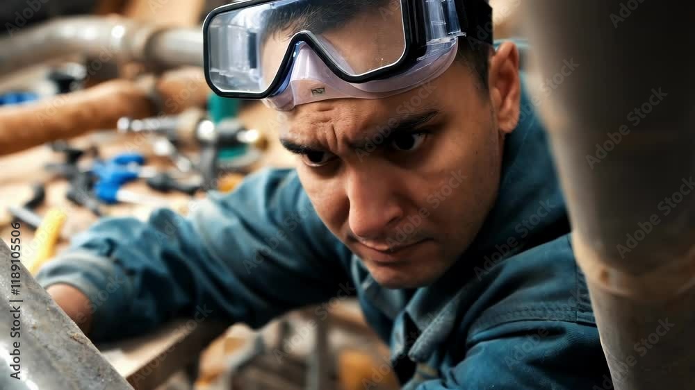 Fototapete Skilled plumber wearing protective safety goggles meticulously inspecting newly installed pipeline, verifying precise alignment and operational integrity within industrial workshop setting