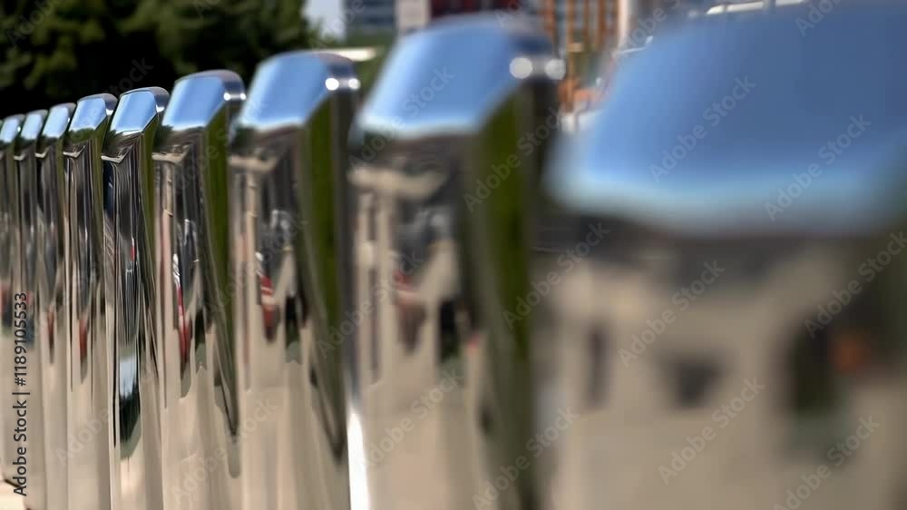 Aufkleber Smooth, metallic surfaces of sound barriers reflect the surrounding environment, creating a visually appealing interplay of light and reflections