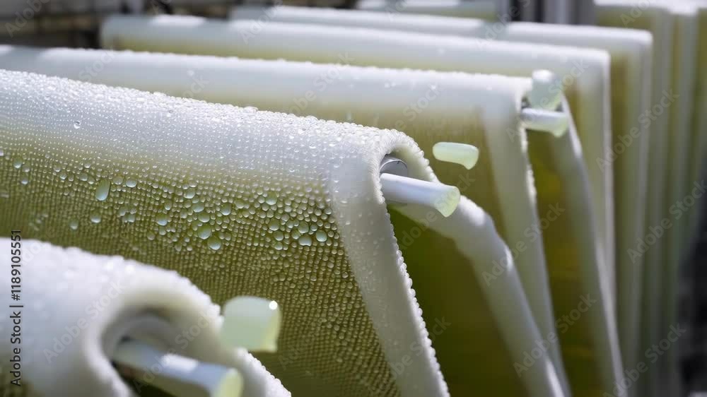 Poster moisture clustering on tightly packed industrial filters, revealing intricate water purification mec