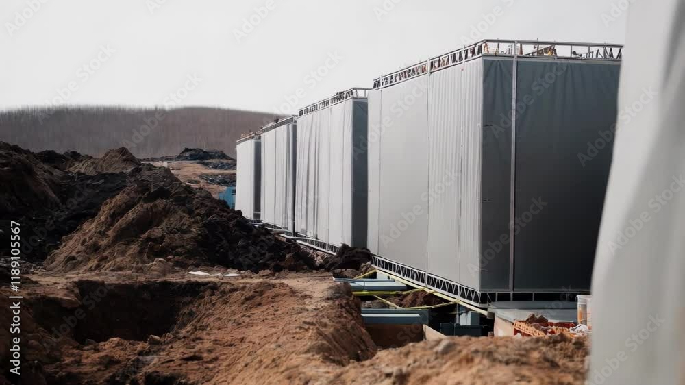 Poster prefabricated building modules getting assembled by construction workers at large industrial site, h