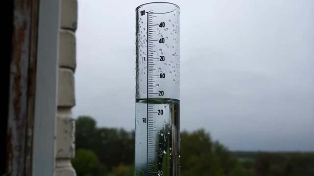 Transparent rain gauge collecting rainwater near window with water droplets clinging to its surface, against a blurred background of trees and overcast sky