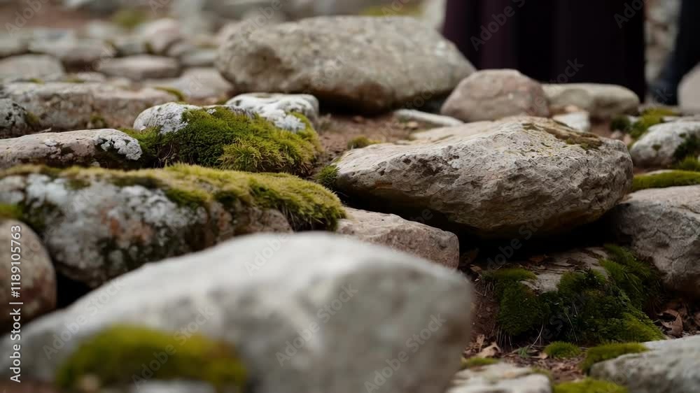 Aufkleber Medium closeup of a stone foundation laid with precision, featuring various sizes of rocks interspersed with patches of moss and lichen, creating a textured and natural appearance
