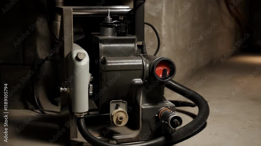 Poster closeup view revealing intricate sump pump system functioning inside residential basement, displayin