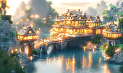 Fototapeta premium Asian palace, lake, mountains, sunset, game, digital art
