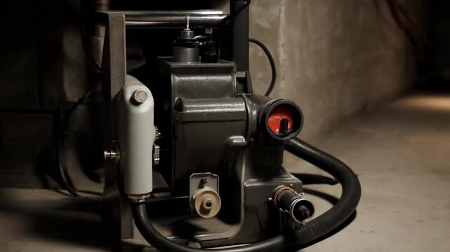 Closeup view revealing intricate sump pump system functioning inside residential basement, displaying critical water drainage and flood prevention equipment in detailed operational mode