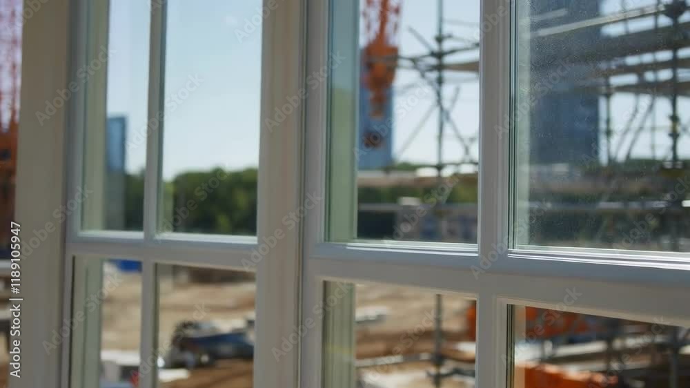 Poster bright sunlight streaming through triple pane window, revealing construction site with intricate gla