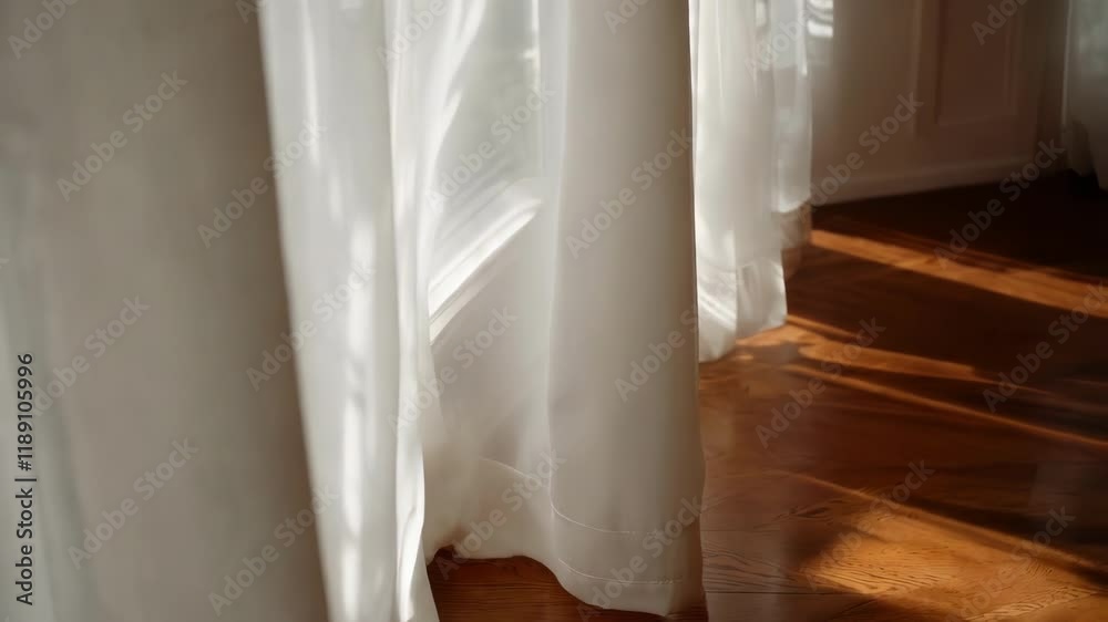 Aufkleber Sunlight streams through an open window, illuminating white curtains gently swaying in the breeze and casting dancing shadows on a polished wooden floor in a serene, bright room