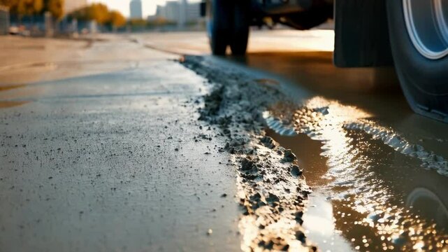 Heavy vehicle driving through fresh cement creates deep grooves and disrupts the smooth surface, raising concerns about construction quality and potential rework