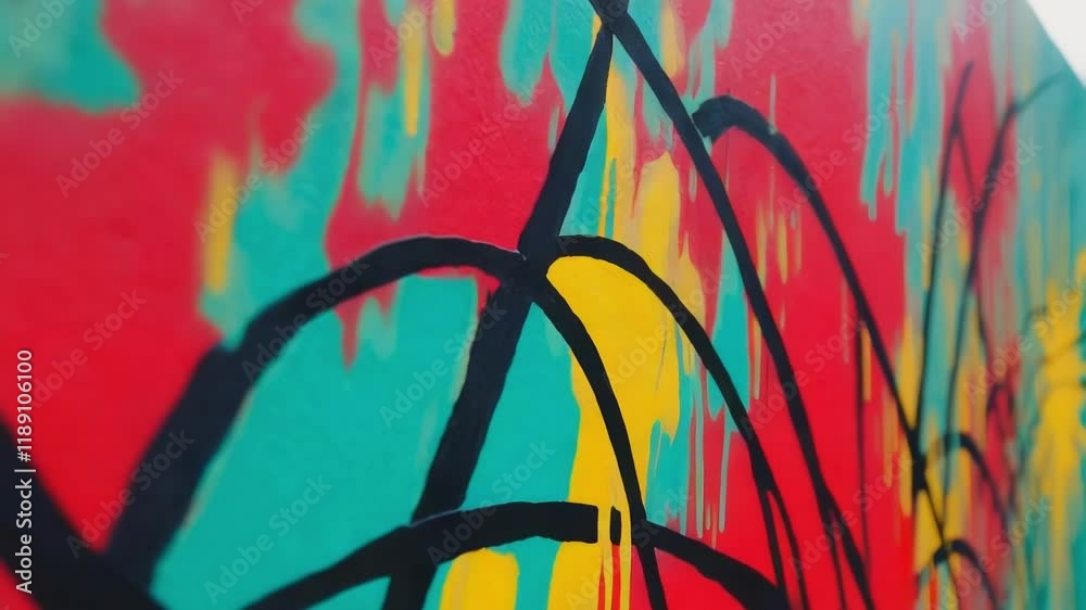 Poster vibrant street art showcasing an abstract design with bold splashes of red, yellow, and teal on a co