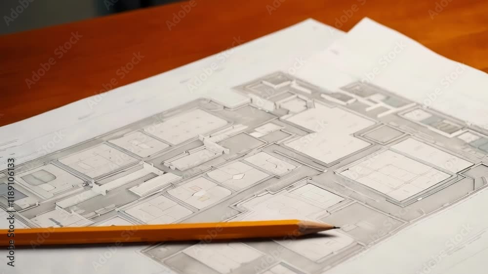 Poster architectural blueprint resting on weathered wooden table, professional pencil positioning highlight
