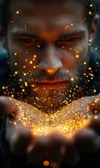 Man creates a magical effect with glowing particles in hands