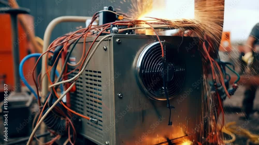 Poster Portable generator producing electrical power at construction site, generating sparks from overloaded wires while creating dangerous workplace electrical hazard for workers