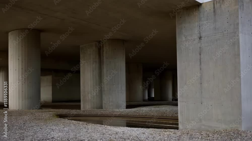 Poster concrete pillars support an elevated building, showcasing modern architectural design and constructi