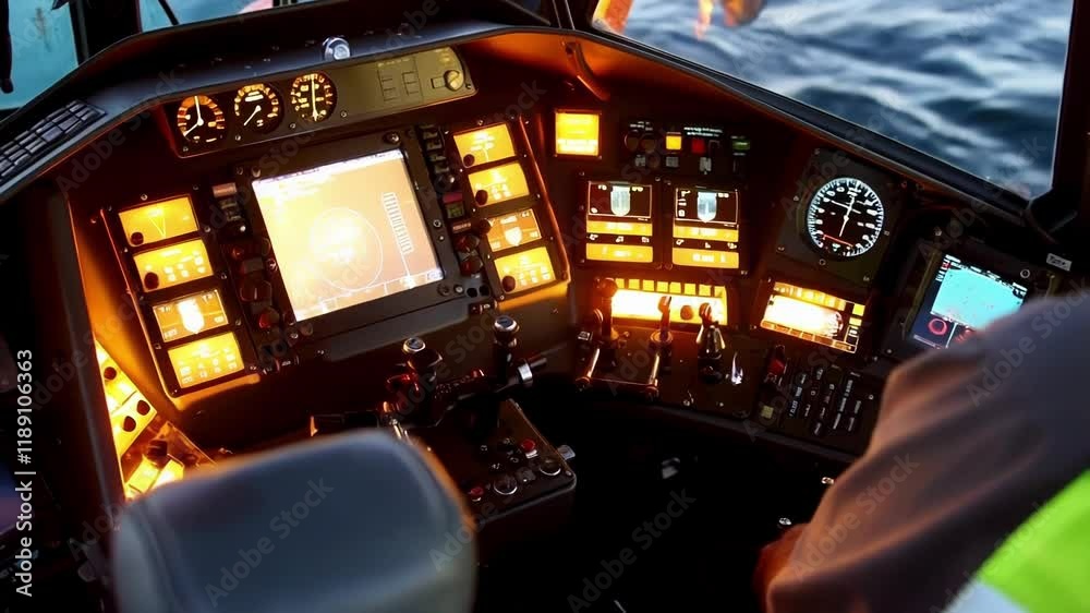 Poster illuminated control panel inside a crane cabin with levers and buttons, operated by a construction w