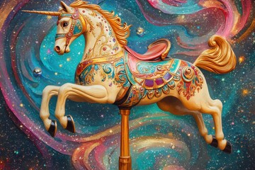 Fototapeta premium Ornate Carousel Unicorn Against A Cosmic Galaxy Background