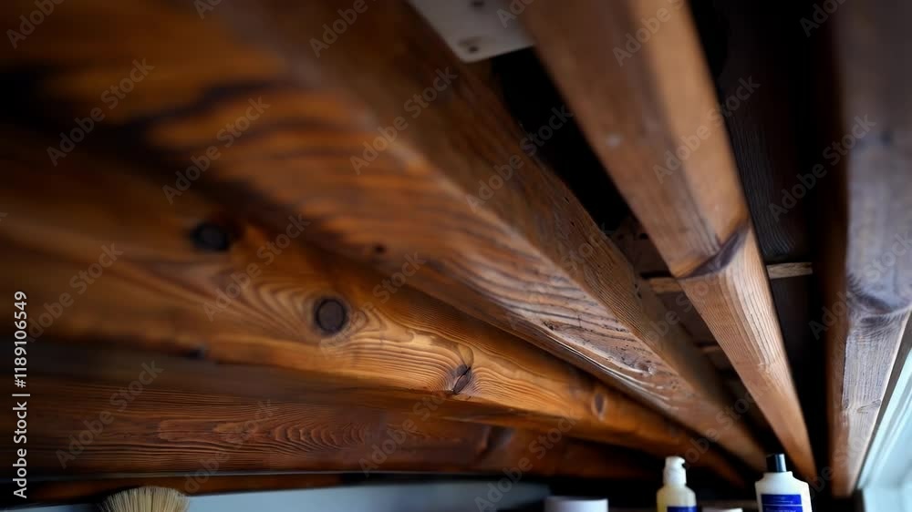 Poster warm light illuminates wooden ceiling beams, showcasing a unique grain pattern and highlighting the 