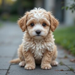 Obraz premium Adorable Fluffy Puppy Sitting on Pavement Outdoor, Cute Doggy, Sweet Pet, Small Canine