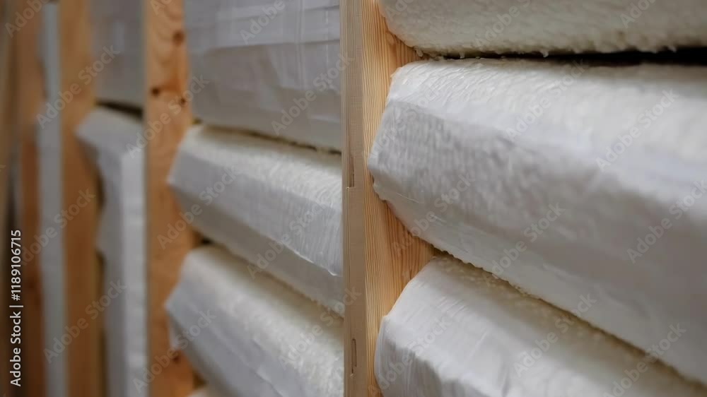 Poster wooden studs frame layers of insulation and vapor barrier material, creating a robust and energy eff