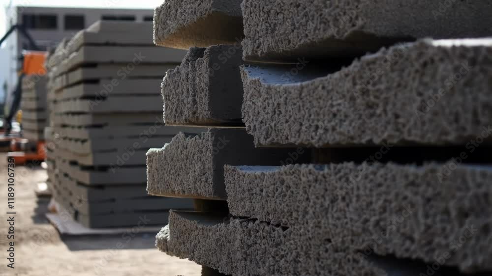 Poster Construction workers neatly stacking insulated concrete forms - icf - at industrial building site, showcasing modern building materials preparation for architectural development projects