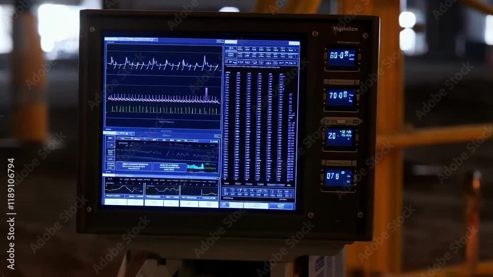 Poster vibration monitoring equipment displays real time data, including logs, graphs, and temperature read