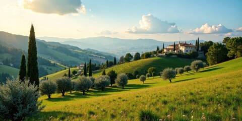 Naklejka premium Serene Villa on Rolling Hills with Vineyard and Cypress Trees