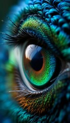 Obraz premium Magnificent Peacock Eye Close-Up: Nature's Jewel in Vivid Emerald and Sapphire Hues