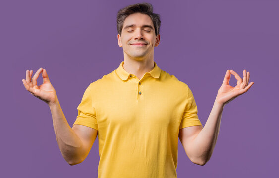 Calm mature man relaxing,meditation,reduces stress. Guy in tranquility, vitality