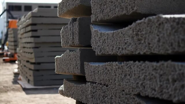 Construction workers neatly stacking insulated concrete forms - icf - at industrial building site, showcasing modern building materials preparation for architectural development projects