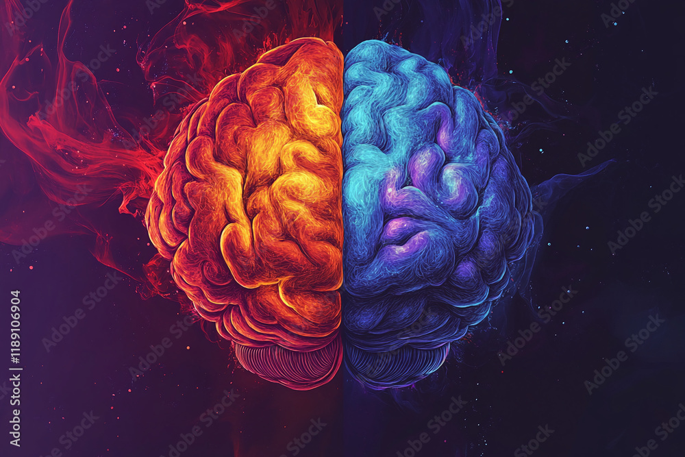 Poster Abstract glowing brain in red and blue with a dark background